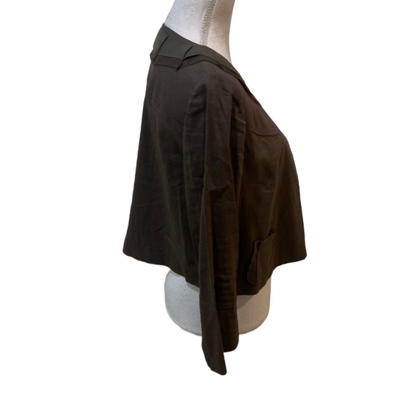 Elie Tahari olive linen blend cropped jacket Overstitching collar size small - Picture 7 of 11
